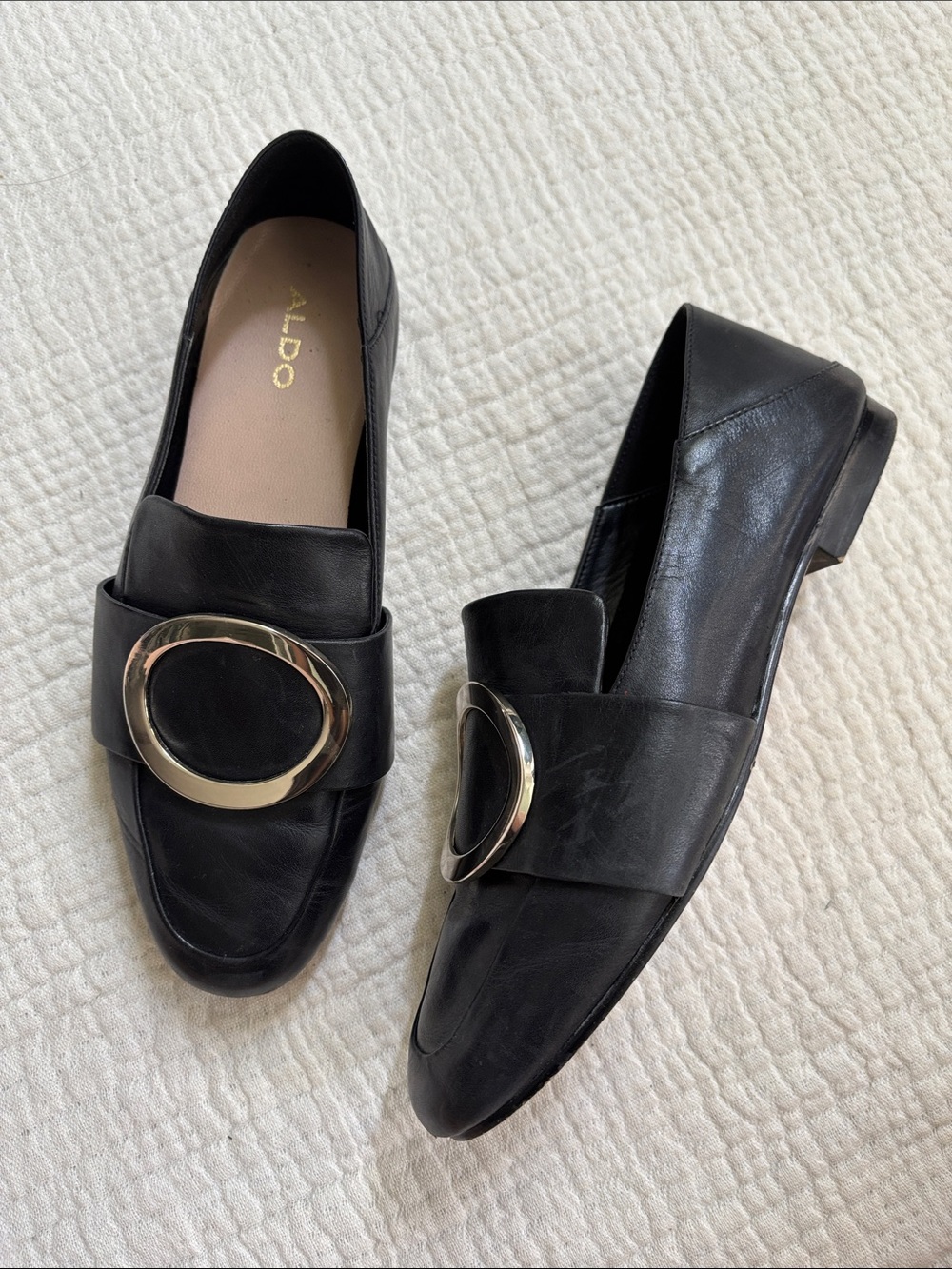 Aldo Leather Gold Buckle Black Loafers Size 6 - Picture 3 of 6
